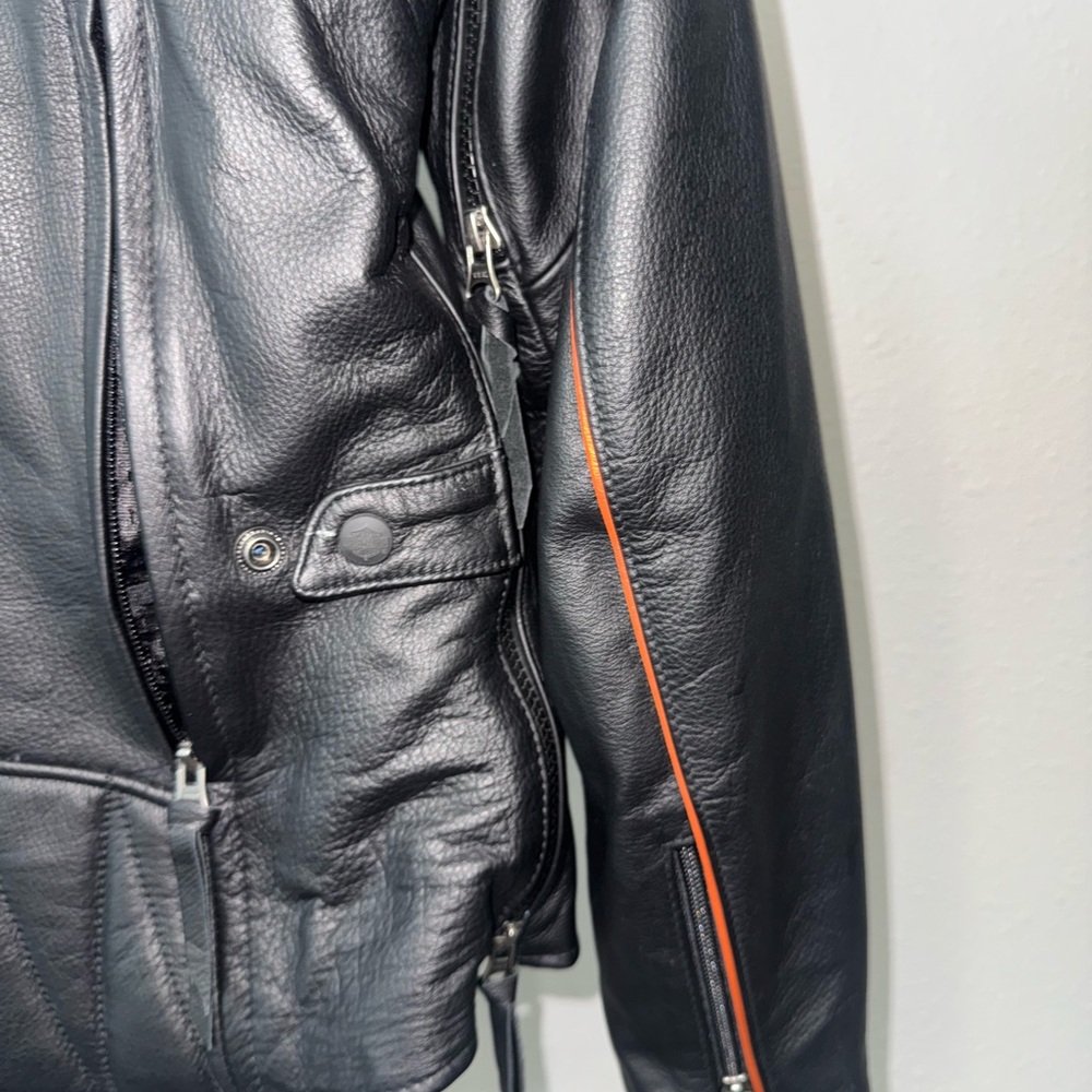 Women’s Harley-Davidson Black Leather Bikers Jacket with Orange Highlights - Picture 13 of 15